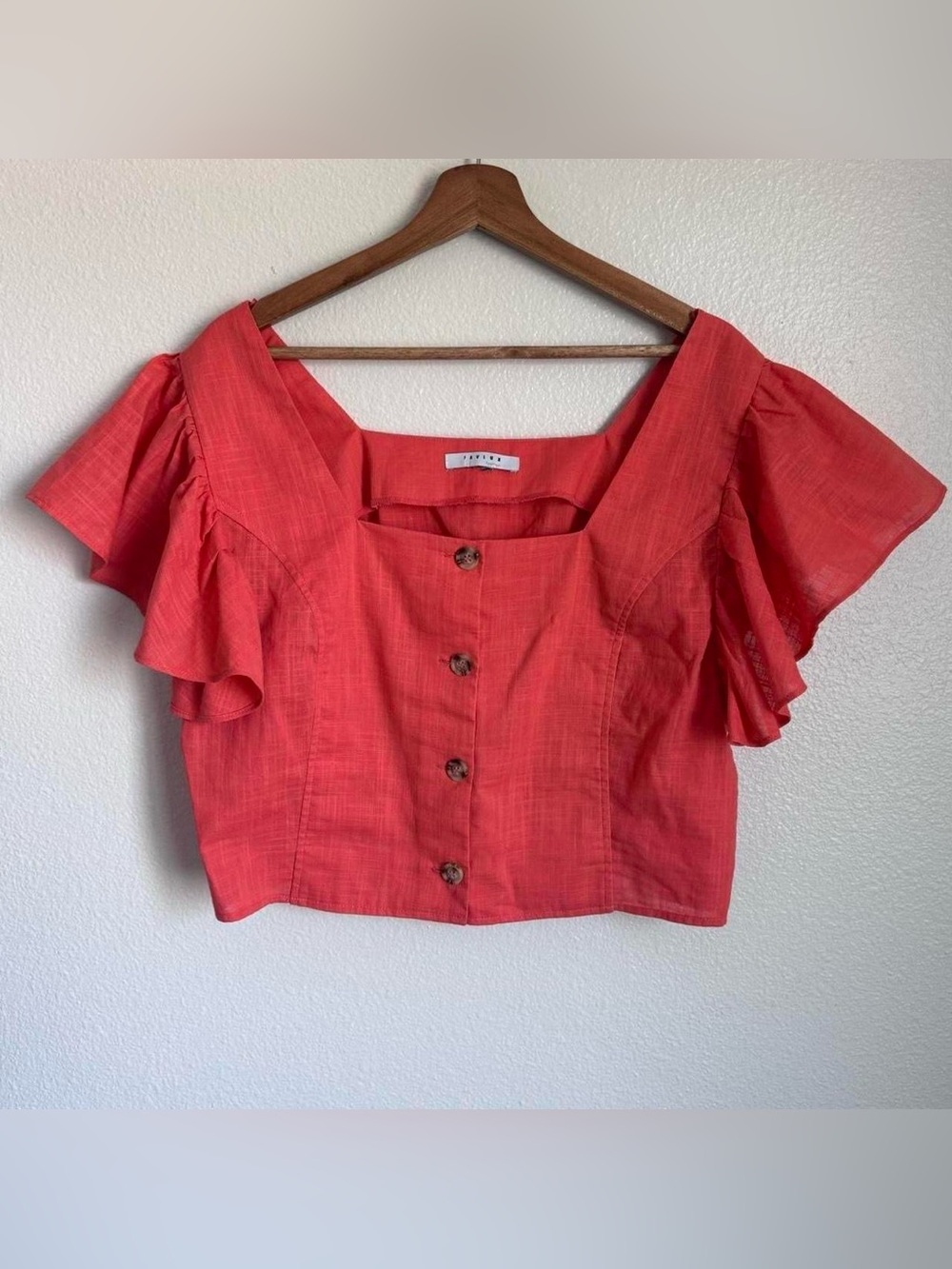 Orange Cropped button up Top With Ruffle Sleeves Size Large